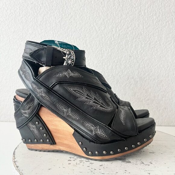 Lane Boots LEXINGTON Womens Black Wedges 8 Western Sandals Cowgirl Wooden Heel - Picture 2 of 11